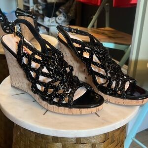 Prada, Black Wedge Sandals, leather 37.5 (US 7)